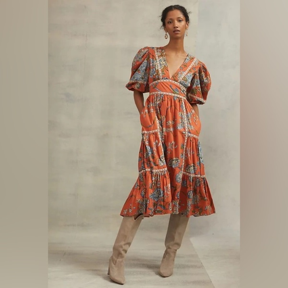 Love The Label Anthropologie Floral Orange Puff Sleeve Dress w/ Pockets - SMALL